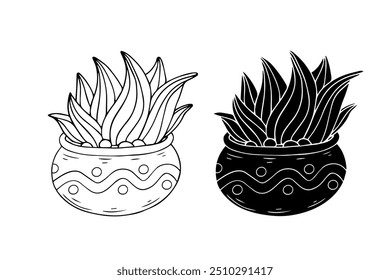 Line sketch,silhouette,stamp of succulent flowers,cactus in flowerpot.Vector graphics.