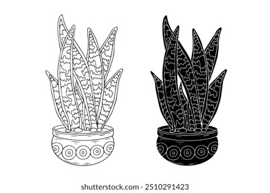 Line sketch,silhouette,stamp of succulent flowers,cactus in flowerpot.Vector graphics.