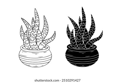 Line sketch,silhouette,stamp of succulent flowers,cactus in flowerpot.Vector graphics.