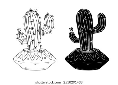 Line sketch,silhouette,stamp of succulent flowers,cactus in flowerpot.Vector graphics.