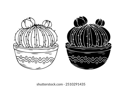 Line sketch,silhouette,stamp of succulent flowers,cactus in flowerpot.Vector graphics.