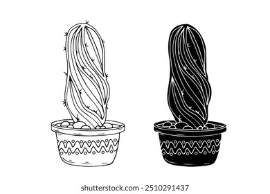 Line sketch,silhouette,stamp of succulent flowers,cactus in flowerpot.Vector graphics.