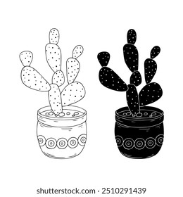 Line sketch,silhouette,stamp of succulent flowers,cactus in flowerpot.Vector graphics.