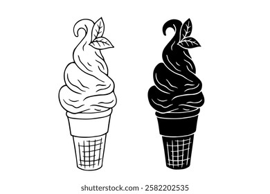 Line sketch,silhouette,stamp of summer ice cream dessert in a waffle cone.Vector graphics.