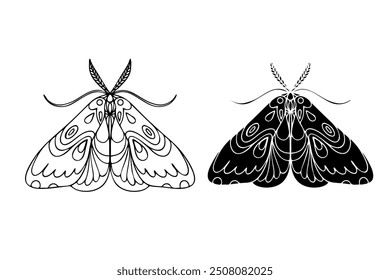 Line sketch,silhouette,stamp of winged insect night moth,butterfly.Vector graphics.	