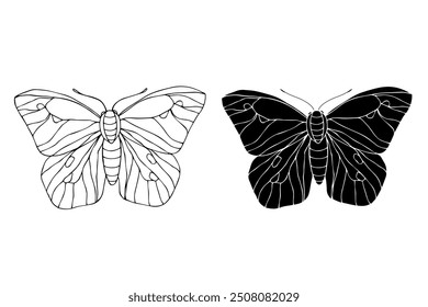 Line sketch,silhouette,stamp of winged insect night moth,butterfly.Vector graphics.	