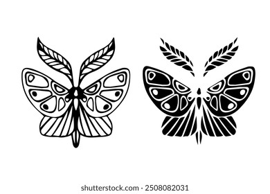 Line sketch,silhouette,stamp of winged insect night moth,butterfly.Vector graphics.	