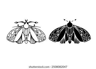 Line sketch,silhouette,stamp of winged insect night moth,butterfly.Vector graphics.	