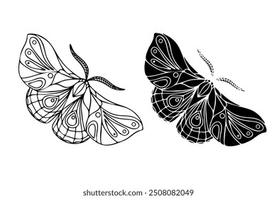 Line sketch,silhouette,stamp of winged insect night moth,butterfly.Vector graphics.	