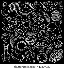 Line sketchy hand drawn doodle cartoon space icon set. Vector illustration