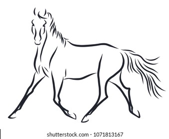 A line sketych of a horse trotting freely.