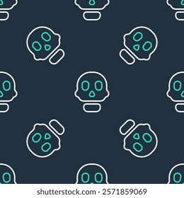 Line Skull icon isolated seamless pattern on black background. Happy Halloween party.  Vector