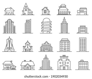 Line skyscrapers and houses. Outline city and town building. Real estate icon. Modern architecture and cottage, thin linear urban vector set. Illustration building apartment, office and, skyscraper