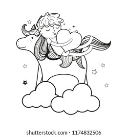 line sleeping boy with heart and unicorn in the clouds