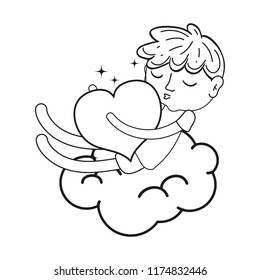 line slepping boy with heart in the fluffy cloud