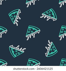 Line Slice of pizza icon isolated seamless pattern on black background.  Vector