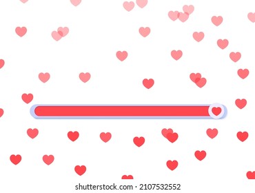 Line of sliders for determining the level of approval. Movable simple buttons with red hearts, appreciating lively like. Element template for head on social media, mobile app, feedback swipe.