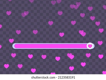 Line of sliders for determining the level of approval. Movable simple buttons with pink hearts, appreciating lively like. Element template for head on social media, mobile app, feedback swipe