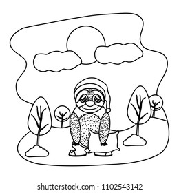 line sloth animal with hat and pillow in the landscape