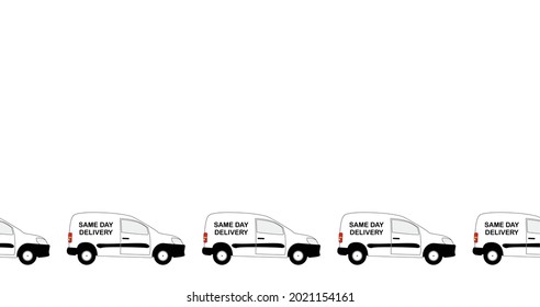 A line of small white same day delivery vans with copy space isolated on a white background