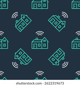Casa inteligente de linha com ícone sem fio isolado padrão perfeito no fundo preto. Controle remoto. Conceito de Internet das coisas com conexão sem fio.  Vetor