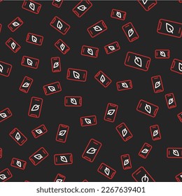 Línea Smartphone, teléfono móvil con icono de hoja aislado patrón transparente en fondo negro.  Vector