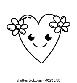 line smile heart with flowers kawaii cartoon