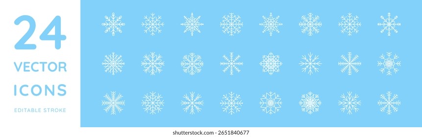 Conjunto de iconos de copos de nieve de línea. Señal de nieve. Símbolo de Clima de invierno. Témpanos de hielo blanco colección. Estilo plano. Decoración de Vector minimalista para el año Nuevo, Web de impresión de tarjeta de póster de Anuncio de Navidades. Trazo editable.