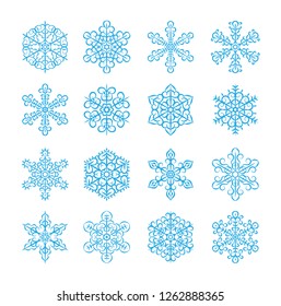Line snowflakes icon set. Vector illustration of winter snow flakes. Isolated object on white background