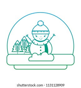 line snowman in the winter landscape with pine trees