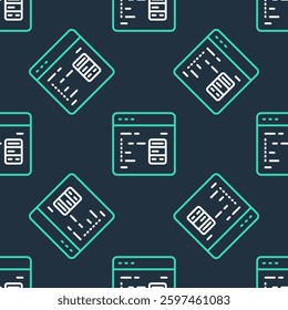 Line Software, web developer programming code icon isolated seamless pattern on black background. Javascript computer script random parts of program code.  Vector