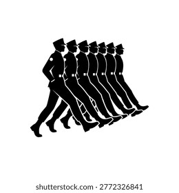 A line of soldiers in uniform marching in unison, depicted as a black silhouette against a white background.