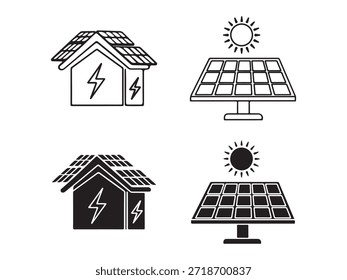 Line and solid icons depicting solar panels on house roofs and separate solar energy panels with sun.