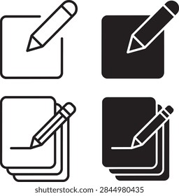 Line and solid vector icon set of paper documents with pencils representing file editing, note writing, content updates, and feedback.