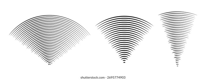 Line sound wave signal set. Radial radio and music audio icon collection. Rippled radar vibration element sign bundle. Black curved impulse linear pack. Echo soundwave symbols. Vector
