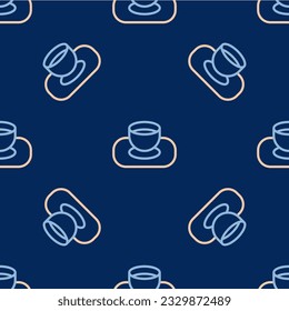 Line Soy sauce in bowl icon isolated seamless pattern on blue background.  Vector
