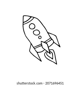 Line space doodle sticker. Flying rocket isolated on white background. Outline astronomical object. Spaceship symbol of travel, education, scientific discovery, launch. Vector science illustration