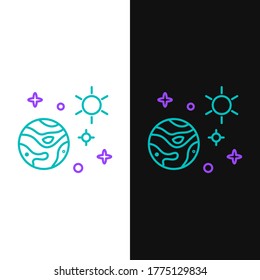 Espacio de línea e icono del planeta aislado en fondo blanco y negro. Los planetas salen a la superficie con cráteres, estrellas y cometas. Concepto de esquema colorido. Vector