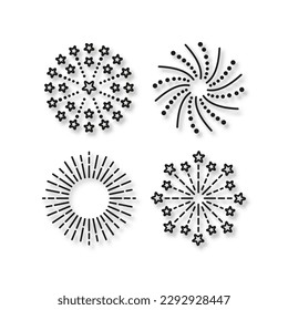 Line sparkle explosions set. Firework icon. Burst stars and sparks. Happy new year shiny symbol. Vector illustration. Outline birthday party elements isolated on white background.