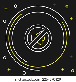 Line Speaker mute Symbol einzeln auf schwarzem Hintergrund. Kein Soundsymbol. Lautstärke-Aus-Symbol. Farbiges Rahmenkonzept. Vektorgrafik