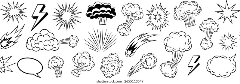 Efecto de dibujos animados de velocidad de línea, conjunto de elementos de línea de movimiento explosivo de boom. Explosión del boom del cómic, humo explosivo, icono del Vector de la historieta de la velocidad de la línea
