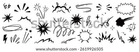 Line speed cartoon effect, boom explosive motion line element set. Comic boom burst, explosive smoke, line speed cartoon vector icon. Hand drawn sketch doodle action effect. Vector illustration