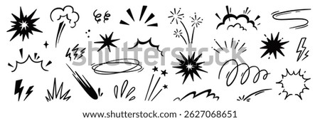 Line speed cartoon effect, comic smoke motion line element set. Comic boom motion, explosive energy, line speed cartoon vector icon. Hand drawn sketch doodle action effect. Vector illustration