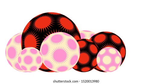line of spiky stars balls in black pink red shades on white