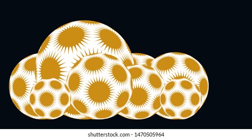line of spiky stars balls in gold white shades on black