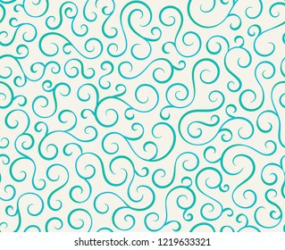 Line spiral abstract seamless pattern background.Curl ornament floral endless waves strokes.Sea aqua water swirl decoration texture.Vector for print or fabric textile.Cover for tile,flyleaf,wrapping