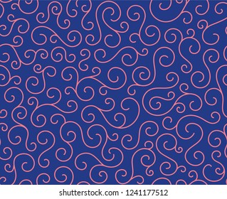 Line spiral abstract seamless pattern background.Curl ornament floral endless waves strokes.Sea aqua water swirl decoration texture.Vector for print or fabric textile.Cover for tile,flyleaf,wrapping.
