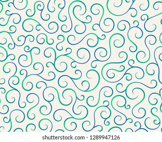 Line spiral abstract seamless pattern background.Curl ornament floral endless waves strokes.Sea aqua water swirl decoration texture.Vector for print or fabric textile.Cover for tile,flyleaf,wrapping