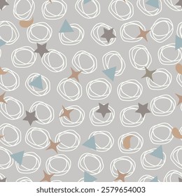 Line spiral seamless pattern with stars and triangles. Line drawing surface pattern design of abstract circular lines on beige background. 