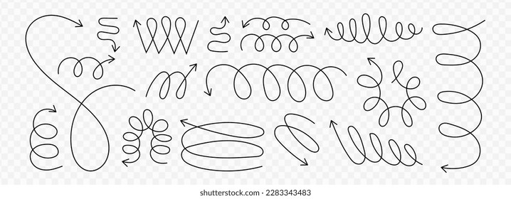 Line spiral spring arrow vector illustration set on transparent background. Y2k aesthetic design. Modern minimalist linear elements, trendy outline arrows. Different forms of zigzag, coil, wave